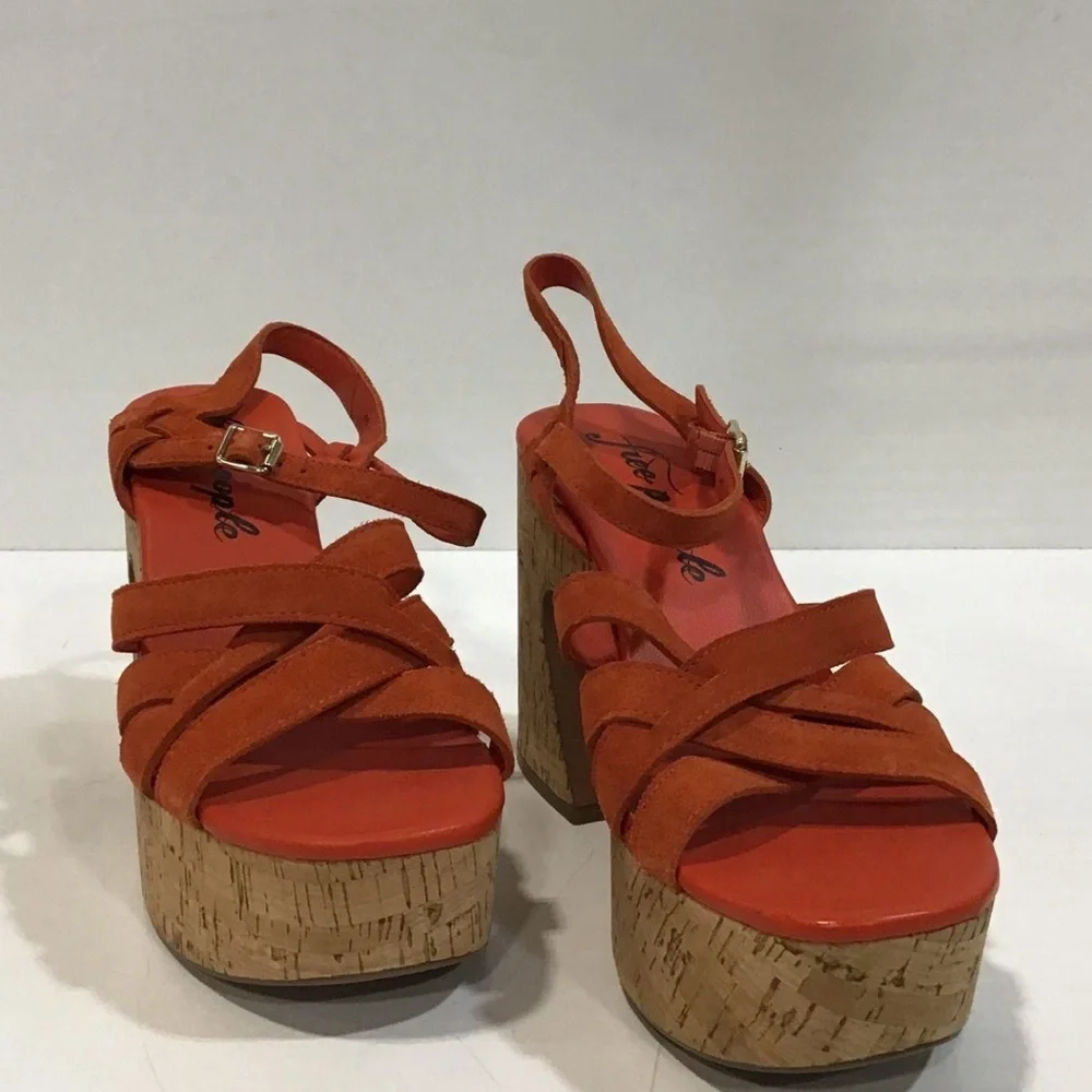 Women’s Free People Lisbon Orange Suede Cork Platform Sandals Size 40